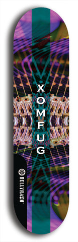 Skateboard deck: Limited edition, North American maple skateboard deck designed by underground artist BellyRash - available widths 7.5 to 8.5 inches in both mellow concave and steep concave shapes. Artwork: XOMFUG logo brand popsicle-shaped deck