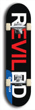 Skateboard deck: Limited edition, North American maple skateboard deck designed by underground artist BellyRash - available widths 7.5 to 8.5 inches in both mellow concave and steep concave shapes. Artwork: REVILED brand popsicle-shaped deck with a large REVILED logo on a black background