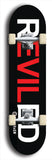 Skateboard deck: Limited edition, North American maple skateboard deck designed by underground artist BellyRash - available widths 7.5 to 8.5 inches in both mellow concave and steep concave shapes. Artwork: REVILED brand popsicle-shaped deck with a large REVILED logo on a black background