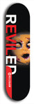 Skateboard deck: Limited edition, North American maple skateboard deck designed by underground artist BellyRash - available widths 7.5 to 8.5 inches in both mellow concave and steep concave shapes. Artwork: REVILED brand popsicle-shaped with a dead-face baby doll in the background