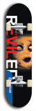 Skateboard deck: Limited edition, North American maple skateboard deck designed by underground artist BellyRash - available widths 7.5 to 8.5 inches in both mellow concave and steep concave shapes. Artwork: REVILED brand popsicle-shaped with a dead-face baby doll in the background