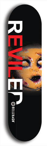 Skateboard deck: Limited edition, North American maple skateboard deck designed by underground artist BellyRash - available widths 7.5 to 8.5 inches in both mellow concave and steep concave shapes. Artwork: REVILED brand popsicle-shaped with a dead-face baby doll in the background