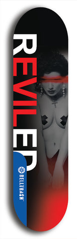 Skateboard deck: Limited edition, North American maple skateboard deck designed by underground artist BellyRash - available widths 7.5 to 8.5 inches in both mellow concave and steep concave shapes. Artwork: REVILED brand popsicle-shaped with a muted erotic woman with red scribbles on her face