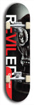 Skateboard deck: Limited edition, North American maple skateboard deck designed by underground artist BellyRash - available widths 7.5 to 8.5 inches in both mellow concave and steep concave shapes. Artwork: REVILED brand popsicle-shaped deck with a large REVILED logo with a muted black and white gas mask