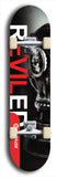 Skateboard deck: Limited edition, North American maple skateboard deck designed by underground artist BellyRash - available widths 7.5 to 8.5 inches in both mellow concave and steep concave shapes. Artwork: REVILED brand popsicle-shaped deck with a large REVILED logo with a muted black and white gas mask