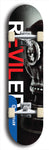 Skateboard deck: Limited edition, North American maple skateboard deck designed by underground artist BellyRash - available widths 7.5 to 8.5 inches in both mellow concave and steep concave shapes. Artwork: REVILED brand popsicle-shaped deck with a large REVILED logo with a muted black and white gas mask