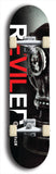 Skateboard deck: Limited edition, North American maple skateboard deck designed by underground artist BellyRash - available widths 7.5 to 8.5 inches in both mellow concave and steep concave shapes. Artwork: REVILED brand popsicle-shaped deck with a large REVILED logo with a muted black and white gas mask