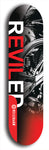 Skateboard deck: Limited edition, North American maple skateboard deck designed by underground artist BellyRash - available widths 7.5 to 8.5 inches in both mellow concave and steep concave shapes. Artwork: REVILED brand popsicle-shaped deck with a large REVILED logo with muted black and white motorcycle chrome engine