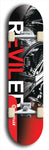 Skateboard deck: Limited edition, North American maple skateboard deck designed by underground artist BellyRash - available widths 7.5 to 8.5 inches in both mellow concave and steep concave shapes. Artwork: REVILED brand popsicle-shaped deck with a large REVILED logo with muted black and white motorcycle chrome engine