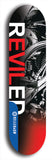 Skateboard deck: Limited edition, North American maple skateboard deck designed by underground artist BellyRash - available widths 7.5 to 8.5 inches in both mellow concave and steep concave shapes. Artwork: REVILED brand popsicle-shaped deck with a large REVILED logo with muted black and white motorcycle chrome engine