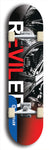 Skateboard deck: Limited edition, North American maple skateboard deck designed by underground artist BellyRash - available widths 7.5 to 8.5 inches in both mellow concave and steep concave shapes. Artwork: REVILED brand popsicle-shaped deck with a large REVILED logo with muted black and white motorcycle chrome engine