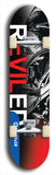 Skateboard deck: Limited edition, North American maple skateboard deck designed by underground artist BellyRash - available widths 7.5 to 8.5 inches in both mellow concave and steep concave shapes. Artwork: REVILED brand popsicle-shaped deck with a large REVILED logo with muted black and white motorcycle chrome engine