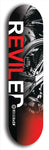 Skateboard deck: Limited edition, North American maple skateboard deck designed by underground artist BellyRash - available widths 7.5 to 8.5 inches in both mellow concave and steep concave shapes. Artwork: REVILED brand popsicle-shaped deck with a large REVILED logo with muted black and white motorcycle chrome engine