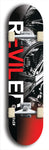 Skateboard deck: Limited edition, North American maple skateboard deck designed by underground artist BellyRash - available widths 7.5 to 8.5 inches in both mellow concave and steep concave shapes. Artwork: REVILED brand popsicle-shaped deck with a large REVILED logo with muted black and white motorcycle chrome engine