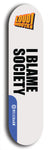 Limited edition, North American maple skateboard deck designed by underground artist BellyRash -- available in widths 7.5 to 8.5 inches in both mellow concave and steep concave shapes. Artwork: LOUDMOUTH brand popsicle-shaped skateboard deck with large with large black text on white background