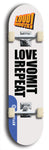 Limited edition, North American maple skateboard deck designed by underground artist BellyRash -- available in widths 7.5 to 8.5 inches in both mellow concave and steep concave shapes. Artwork: LOUDMOUTH brand popsicle-shaped skateboard deck with large with large black text on white background