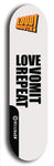 Limited edition, North American maple skateboard deck designed by underground artist BellyRash -- available in widths 7.5 to 8.5 inches in both mellow concave and steep concave shapes. Artwork: LOUDMOUTH brand popsicle-shaped skateboard deck with large with large black text on white background