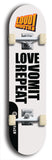 Limited edition, North American maple skateboard deck designed by underground artist BellyRash -- available in widths 7.5 to 8.5 inches in both mellow concave and steep concave shapes. Artwork: LOUDMOUTH brand popsicle-shaped skateboard deck with large with large black text on white background