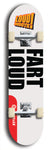 Limited edition, North American maple skateboard deck designed by underground artist BellyRash -- available in widths 7.5 to 8.5 inches in both mellow concave and steep concave shapes. Artwork: LOUDMOUTH brand popsicle-shaped skateboard deck with large with large black text on white background