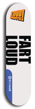 Limited edition, North American maple skateboard deck designed by underground artist BellyRash -- available in widths 7.5 to 8.5 inches in both mellow concave and steep concave shapes. Artwork: LOUDMOUTH brand popsicle-shaped skateboard deck with large with large black text on white background