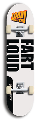 Limited edition, North American maple skateboard deck designed by underground artist BellyRash -- available in widths 7.5 to 8.5 inches in both mellow concave and steep concave shapes. Artwork: LOUDMOUTH brand popsicle-shaped skateboard deck with large with large black text on white background