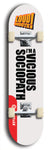 Limited edition, North American maple skateboard deck designed by underground artist BellyRash -- available in widths 7.5 to 8.5 inches in both mellow concave and steep concave shapes. Artwork: LOUDMOUTH brand popsicle-shaped skateboard deck with large with large black text on white background