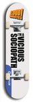 Limited edition, North American maple skateboard deck designed by underground artist BellyRash -- available in widths 7.5 to 8.5 inches in both mellow concave and steep concave shapes. Artwork: LOUDMOUTH brand popsicle-shaped skateboard deck with large with large black text on white background