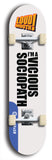 Limited edition, North American maple skateboard deck designed by underground artist BellyRash -- available in widths 7.5 to 8.5 inches in both mellow concave and steep concave shapes. Artwork: LOUDMOUTH brand popsicle-shaped skateboard deck with large with large black text on white background