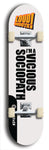 Limited edition, North American maple skateboard deck designed by underground artist BellyRash -- available in widths 7.5 to 8.5 inches in both mellow concave and steep concave shapes. Artwork: LOUDMOUTH brand popsicle-shaped skateboard deck with large with large black text on white background