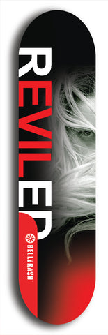 Skateboard deck: Limited edition, North American maple skateboard deck designed by underground artist BellyRash - available widths 7.5 to 8.5 inches in both mellow concave and steep concave shapes. Artwork: REVILED brand popsicle-shaped deck with a large REVILED logo with muted faceless woman's flowing hair