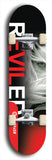 Skateboard deck: Limited edition, North American maple skateboard deck designed by underground artist BellyRash - available widths 7.5 to 8.5 inches in both mellow concave and steep concave shapes. Artwork: REVILED brand popsicle-shaped deck with a large REVILED logo with muted faceless woman's flowing hair