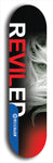 Skateboard deck: Limited edition, North American maple skateboard deck designed by underground artist BellyRash - available widths 7.5 to 8.5 inches in both mellow concave and steep concave shapes. Artwork: REVILED brand popsicle-shaped deck with a large REVILED logo with muted faceless woman's flowing hair