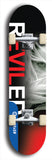 Skateboard deck: Limited edition, North American maple skateboard deck designed by underground artist BellyRash - available widths 7.5 to 8.5 inches in both mellow concave and steep concave shapes. Artwork: REVILED brand popsicle-shaped deck with a large REVILED logo with muted faceless woman's flowing hair