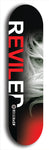 Skateboard deck: Limited edition, North American maple skateboard deck designed by underground artist BellyRash - available widths 7.5 to 8.5 inches in both mellow concave and steep concave shapes. Artwork: REVILED brand popsicle-shaped deck with a large REVILED logo with muted faceless woman's flowing hair