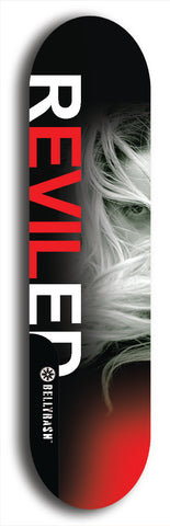 Skateboard deck: Limited edition, North American maple skateboard deck designed by underground artist BellyRash - available widths 7.5 to 8.5 inches in both mellow concave and steep concave shapes. Artwork: REVILED brand popsicle-shaped deck with a large REVILED logo with muted faceless woman's flowing hair