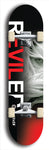 Skateboard deck: Limited edition, North American maple skateboard deck designed by underground artist BellyRash - available widths 7.5 to 8.5 inches in both mellow concave and steep concave shapes. Artwork: REVILED brand popsicle-shaped deck with a large REVILED logo with muted faceless woman's flowing hair