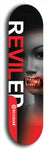 Skateboard deck: Limited edition, North American maple skateboard deck designed by underground artist BellyRash - available widths 7.5 to 8.5 inches in both mellow concave and steep concave shapes. Artwork: REVILED brand popsicle-shaped deck with a large REVILED logo with muted female mannequin head with colored fangs