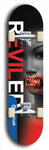 Skateboard deck: Limited edition, North American maple skateboard deck designed by underground artist BellyRash - available widths 7.5 to 8.5 inches in both mellow concave and steep concave shapes. Artwork: REVILED brand popsicle-shaped deck with a large REVILED logo with muted female mannequin head with colored fangs