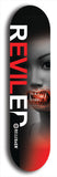 Skateboard deck: Limited edition, North American maple skateboard deck designed by underground artist BellyRash - available widths 7.5 to 8.5 inches in both mellow concave and steep concave shapes. Artwork: REVILED brand popsicle-shaped deck with a large REVILED logo with muted female mannequin head with colored fangs