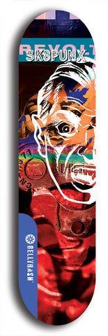 Skateboard deck: Limited edition, North American maple skateboard deck designed by underground artist BellyRash - available widths 7.5 to 8.5 inches in both mellow concave and steep concave shapes. Artwork: SK8PUNX logo brand popsicle-shaped deck