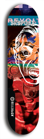 Skateboard deck: Limited edition, North American maple skateboard deck designed by underground artist BellyRash - available widths 7.5 to 8.5 inches in both mellow concave and steep concave shapes. Artwork: SK8PUNX logo brand popsicle-shaped deck