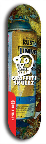 Skateboard deck: Limited edition, North American maple skateboard deck designed by underground artist BellyRash - available widths 7.5 to 8.5 inches in both mellow concave and steep concave shapes. Artwork: GRAFFITI SKULLZ logo brand popsicle-shaped deck with graffiti or street art background