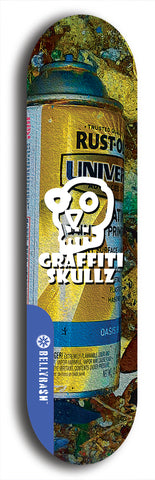 Skateboard deck: Limited edition, North American maple skateboard deck designed by underground artist BellyRash - available widths 7.5 to 8.5 inches in both mellow concave and steep concave shapes. Artwork: GRAFFITI SKULLZ logo brand popsicle-shaped deck with graffiti or street art background