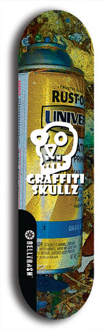 Skateboard deck: Limited edition, North American maple skateboard deck designed by underground artist BellyRash - available widths 7.5 to 8.5 inches in both mellow concave and steep concave shapes. Artwork: GRAFFITI SKULLZ logo brand popsicle-shaped deck with graffiti or street art background