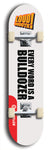 Limited edition, North American maple skateboard deck designed by underground artist BellyRash -- available in widths 7.5 to 8.5 inches in both mellow concave and steep concave shapes. Artwork: LOUDMOUTH brand popsicle-shaped skateboard deck with large with large black text on white background