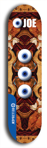 Skateboard deck: Limited edition, North American maple skateboard deck designed by underground artist BellyRash - available widths 7.5 to 8.5 inches in both mellow concave and steep concave shapes. Artwork: EYEBALL JOE logo brand popsicle-shaped deck 