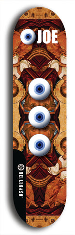 Skateboard deck: Limited edition, North American maple skateboard deck designed by underground artist BellyRash - available widths 7.5 to 8.5 inches in both mellow concave and steep concave shapes. Artwork: EYEBALL JOE logo brand popsicle-shaped deck 