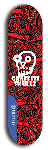 Skateboard deck: Limited edition, North American maple skateboard deck designed by underground artist BellyRash - available widths 7.5 to 8.5 inches in both mellow concave and steep concave shapes. Artwork: GRAFFITI SKULLZ logo brand popsicle-shaped deck with graffiti or street art background