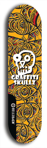 Skateboard deck: Limited edition, North American maple skateboard deck designed by underground artist BellyRash - available widths 7.5 to 8.5 inches in both mellow concave and steep concave shapes. Artwork: GRAFFITI SKULLZ logo brand popsicle-shaped deck with graffiti or street art background