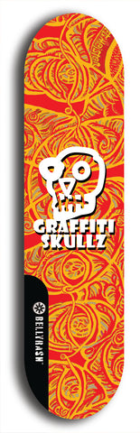 Skateboard deck: Limited edition, North American maple skateboard deck designed by underground artist BellyRash - available widths 7.5 to 8.5 inches in both mellow concave and steep concave shapes. Artwork: GRAFFITI SKULLZ logo brand popsicle-shaped deck with graffiti or street art background